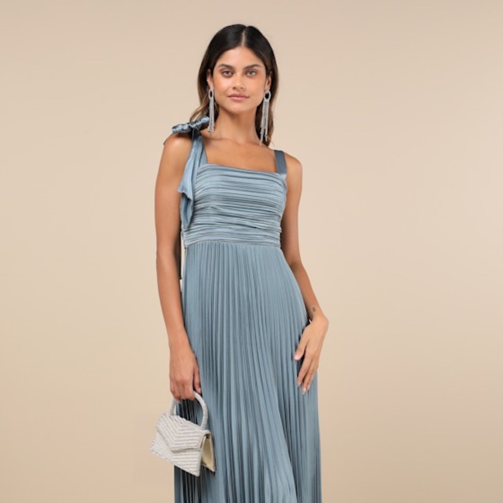 Lulus Gorgeous Purpose Slate Satin Pleated Sleeveless Bow Maxi Dress Blue